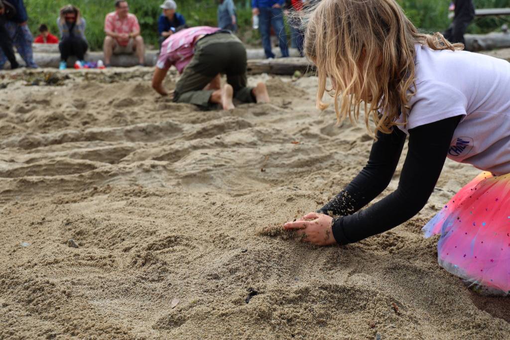 Iris Tarby puts her architectural skills to the test to finish her rollerblade-themed sandcastle during the annual sandcastle challenge at Sandy Beach on Tuesday afternoon. (Clarise Larson / Juneau Empire)