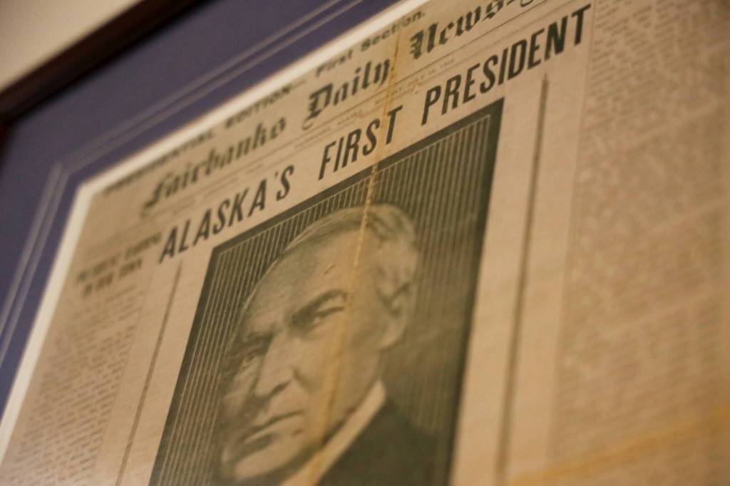 A framed issue of the Fairbanks Daily News Miner reporting President Warren G. Hardings visit to Alaska is displayed on the fourth floor of the Alaska State Capitol. (Clarise Larson / Juneau Empire)