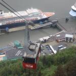 One of the two 60-passenger cars on the Goldbelt Mount Roberts Tramway descends Mount Roberts in late May. The tram has been closed nearly every day since last Sunday due to mechanical issues, but a company official said the tram is expected to reopen Saturday. (Clarise Larson/ Juneau Empire File)