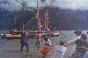 Brian Wallace / Juneau Empire Archives
Members of Juneaus Hawaiian and Native communities help pull the Hawaiiloa closer to shore at Sandy Beach on July 14, 1995.