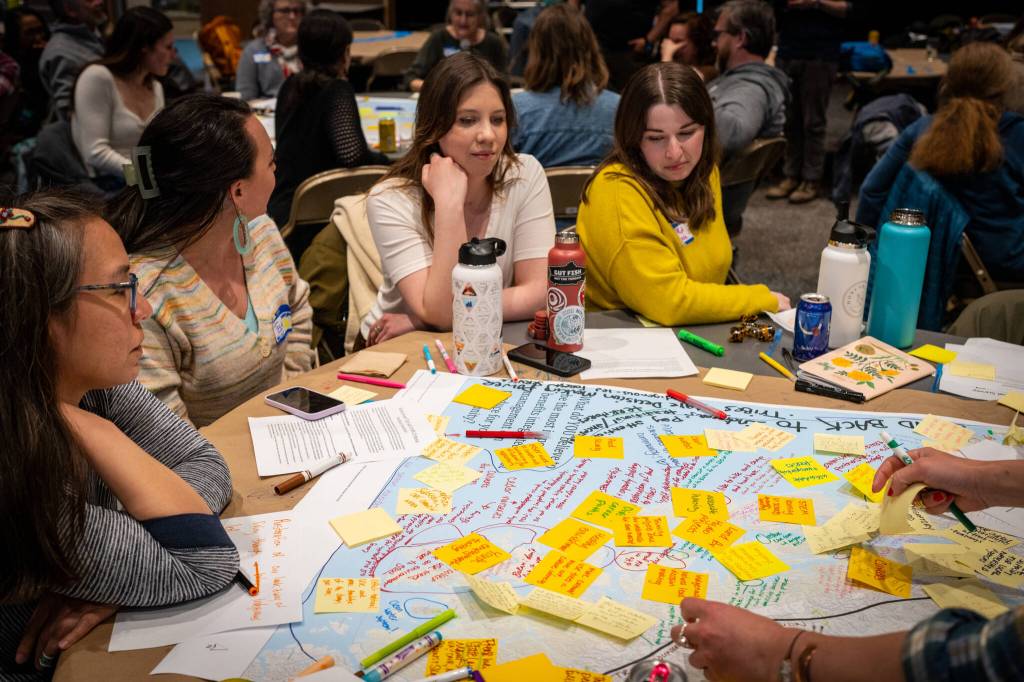 During the spring Sustainable Southeast Partnership retreat held in Sitka, Jennifer Hanlon, other members of the U.S. Forest Service and Tlingit & Haida worked with retreat participants from around the region to source input and feedback to guide an update to the Tongass Forest Management Plan. This represents a shift in agency process whereby the USFS is seeking input from community members before releasing a draft plan. (Bethany Goodrich / Sustainable Southeast Partnership)