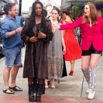 Models prepare to walk the length of Ferry Street during Alaska Fashion Weeks outdoor runway show in downtown Juneau on Saturday. (Mark Sabbatini / Juneau Empire)