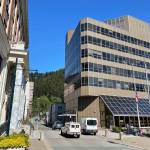 The Dimond Courthouse building, home to the Juneau offices of the Alaska Department of Law, is seen across the street from the Alaska State Capitol on May 27, 2022. (Photo by Lisa Phu/Alaska Beacon)