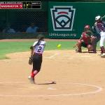 Juneaus Riley Morehouse pitches to a Washington state player in the bottom half of the fourth inning in an elimination game Monday during the Little League World Series Northwest Region majors softball tournament in San Bernardino, California. Juneaus team, representing Alaska after winning the statewide tournament, rallied to a 6-3 lead in the fourth inning after falling behind early, but Washington would take the lead at the end of the inning and go on to win 13-6. (Screenshot from recap video by littleleague.org)