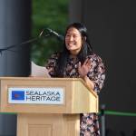Clarise Larson / Juneau Empire
Lisa Phu accepts an exceptional artist award during the Juneau Arts and Humanities Councils 50th anniversary celebration Thursday at Sealaska Heritage Plaza.