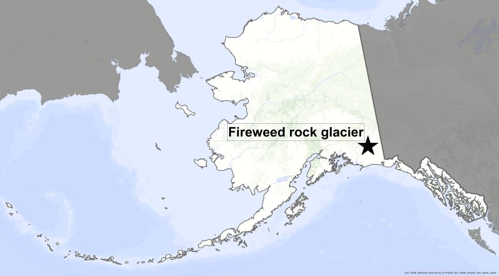 A map shows the location of Fireweed rock glacier. (Courtesy of the University of Alaska Fairbanks Geophysical Institute)