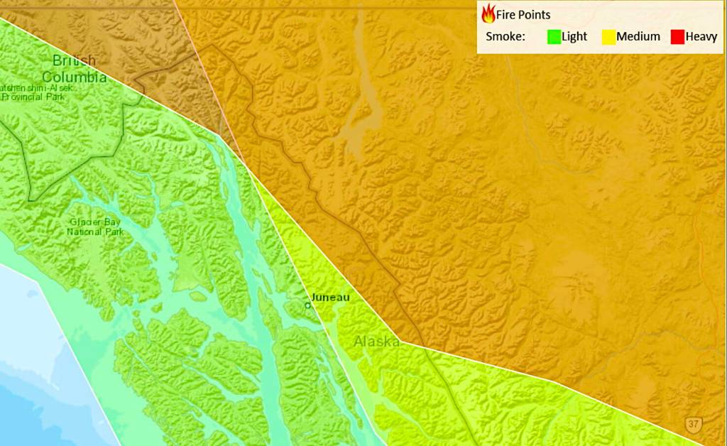 A map shows smoke levels from wildfires in Canada in Southeast Alaska and other parts of North America as of midday Sunday. The smoke level is Juneau is officially catagorized as light. (National Oceanic and Atmospheric Administration)