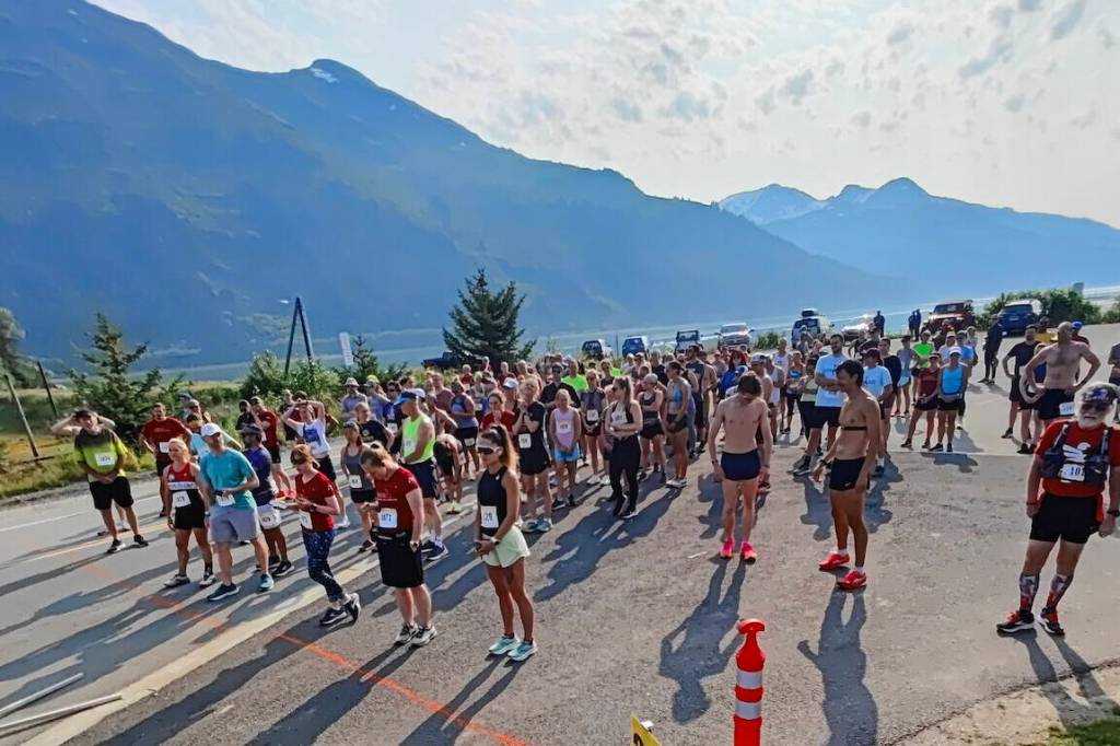 Racers gather under hazy skies at Savikko Park on Saturday morning for the start of the Juneau Half Marathon. A total of 146 people participated in the 13.1-mile course. (Photo courtesy of Juneau Trail and Road Runners)