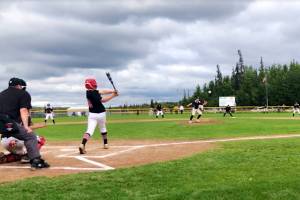 A Juneau player connects on a hit against Dimond West during the fourth game of the Alaska Little League Majors Baseball State Tournament in Anchorage on Sunday. Juneau won the game 3-1, tying the best-of-five series at two games apiece. The deciding fifth game for the state title is scheduled at 6:30 p.m. Monday in Anchorage. (Screenshot from video of game by Gastineau Channel Little League)