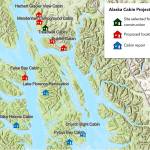 A map shows locations for new cabins being considered by the U.S. Forest Service in and near Juneau. A multiyear project to add about 25 cabins in the Tongass and Chugach national forests, funded largely by $14 million from the Bipartisan Infrastructure Law, is in the early stages. (U.S. Forest Service map)
