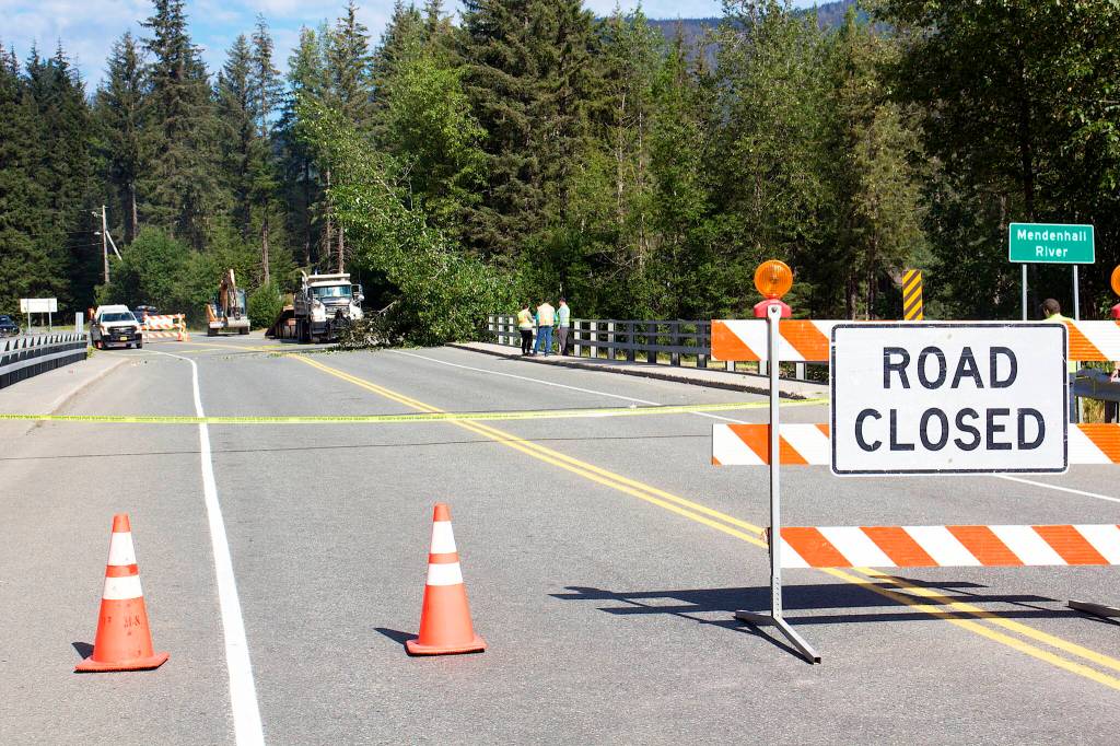 State crews bring down a tree next to the bridge across the Mendenhall River on Back Loop Road on Sunday morning because of unstable soil caused by record flooding in the river. The bridge was closed between Saturday evening and late Sunday morning. (Mark Sabbatini / Juneau Empire)