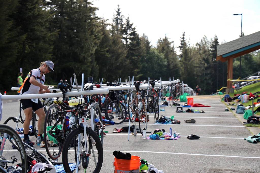 Rows of bikes line the parking lot of the University of Alaska Southeast campus Sunday morning during the Aukeman Triathlon. (Clarise Larson / Juneau Empire)