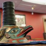 This photo taken in Juneau on Monday is of the Ghaanka Yéil Sáaxhw (Raven of the Roof, Hat) from the Luknaxh.ádi clan in Sitka. The item from repatriated from the University of Pennsylvania. (Clarise Larson / Juneau Empire)