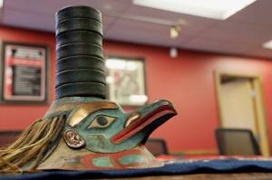 This photo taken in Juneau on Monday is of the Ghaanka Yéil Sáaxhw (Raven of the Roof, Hat) from the Luknaxh.ádi clan in Sitka. The item from repatriated from the University of Pennsylvania. (Clarise Larson / Juneau Empire)