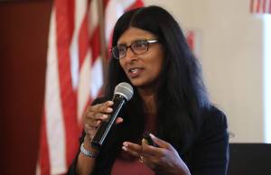 New University of Alaska Chancellor Aparna Palmer speaks to the Greater Juneau Chamber of Commerce at a luncheon Thursday afternoon. (Clarise Larson / Juneau Empire)