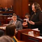 Rep. Donna Mears, D-Anchorage, speaks on an amendment to the state budget on April 3, 2023, at the Alaska State Capitol. (Photo by James Brooks/Alaska Beacon)
