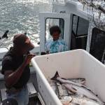 Steve Sanders and Estrella Acosta examine their catch aboard the Marilyn at the Auke Nu Cove station as Alysha Reeves, the events dock chair, awaits. Acosta, 11, turned in 11 scholarship fish and entered a 10.1-pound salmon on Friday evening, the first day of the 77th Annual Golden North Salmon Derby. (Meredith Jordan / Juneau Empire)
