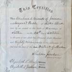 Margaret V. Pakle and Bernhard Behrends 1889 marriage certificate signed by Sitka Presbyterian Minister Sheldon Jackson. (Photo courtesy Anne Gruening)