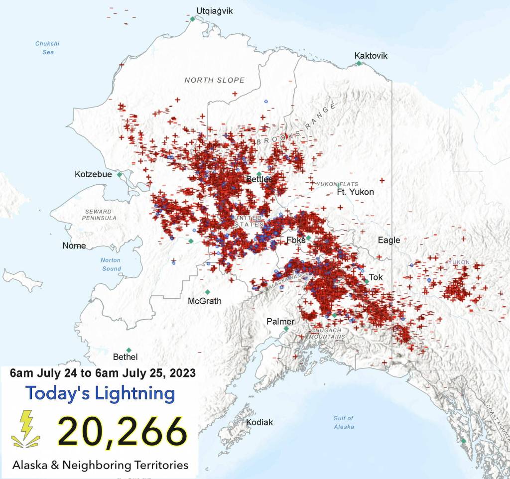 More than 20,000 lightning strikes hit the surface of Alaska from 6 a.m. July 24 to 6 a.m. July 25. (Graphic from the Alaska Interagency Coordination Center)