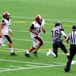 Juneau running back/linebacker Caleb Ziegenfuss returns an interception deep into Dimond territory in the second half of Saturdays game at at Adair-Kennedy Field. (Mark Sabbatini / Juneau Empire)