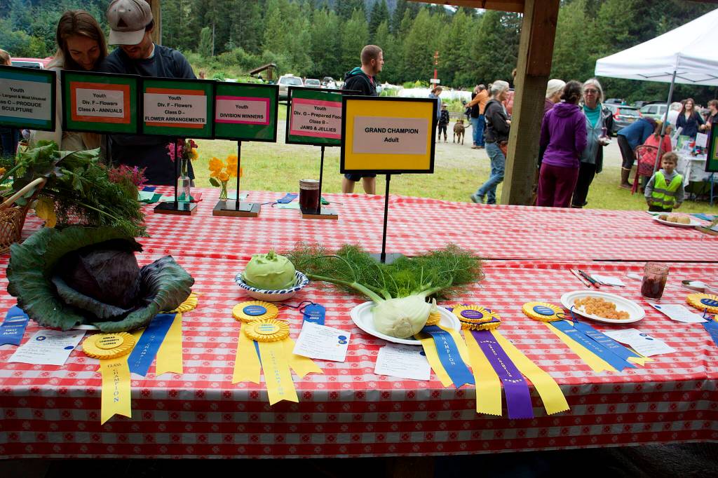 Winning entries are displayed on a table during the 29th Annual Juneau Community Garden Harvest Fair on Saturday. (Mark Sabbatini / Juneau Empire)