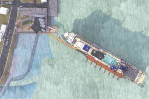 This rendering depicts Huna Totem Corp.s proposed new cruise ship dock downtown that was approved for a conditional-use permit by the City and Borough of Juneau Planning Commission in early July. The project has since been appealed and following Assembly action Monday night will now be assigned to a hearing officer. (City and Borough of Juneau)