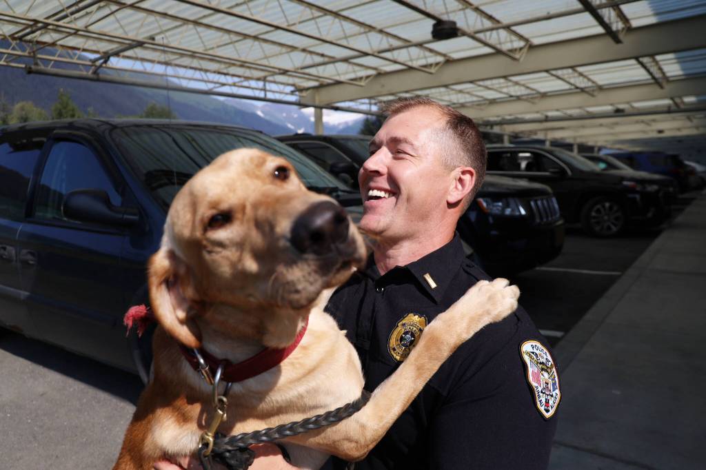 The Juneau Police Departments new narcotics dog Dax smiles while playing with JPD spokesperson Lt. Krag Campbell on Wednesday afternoon outside of the Juneau Police Station. (Clarise Larson / Juneau Empire)