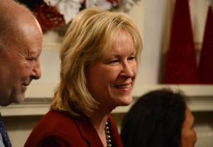 Lt. Gov. Nancy Dahlstrom is seen during the governors annual holiday open house on Tuesday, Dec. 12, 2022 at the Governors Mansion in Juneau. (James Brooks / Alaska Beacon)
