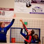 Chloe Casperson (right) of Juneau-Douglas High School: Yadaa.at Kalé tries to get a shot by Adella Dinle of Thunder Mountain High School during a game on Friday night at TMHS. TMHS swept all three games during the evening, with the teams set for a rematch Saturday at JDHS. (Mark Sabbatini / Juneau Empire)