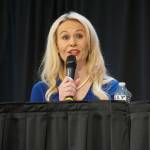 Kelly Tshibaka speaks at the Alaska Federation of Natives convention in October 2022. A group led by the former Republican U.S. Senate candidate has been accused of violating state campaign finance laws. (Photo by Yereth Rosen./Alaska Beacon)