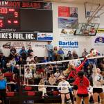 Evelyn Richards (12) spikes the ball to score a point Juneau-Douglas High School: Yadaa.at Kalé near the end of the teams second game against Thunder Mountain High School on Saturday at JDHS. THMS won the game by a score of 25-10. (Mark Sabbatini / Juneau Empire)