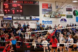 Evelyn Richards (12) spikes the ball to score a point Juneau-Douglas High School: Yadaa.at Kalé near the end of the teams second game against Thunder Mountain High School on Saturday at JDHS. THMS won the game by a score of 25-10. (Mark Sabbatini / Juneau Empire)