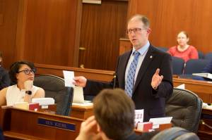 State Sen. Jesse Kiehl, D-Juneau, explains the details of his bill banning PFAS chemicals for most firefighting during the Senate floor session on May 8. A bill with those provisions was vetoed Saturday by Gov. Mike Dunleavy. (Mark Sabbatini / Juneau Empire)