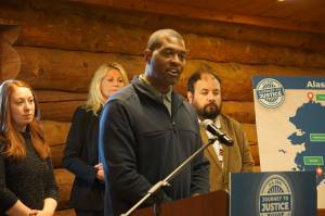 Environmental Protection Administrator Michael Regan speaks at a news conference on Thursday at the Alaska Native Heritage Center in Anchorage. Behind him are Bailey Richards, contamination support program coordinator for the Alaska Native Tribal Health Consortium; Natalie Cale, chief operating officer for the Ounalashka Corp.; and Aaron Leggett, president of the Native Village of Eklutna. Regan made a five-day tour of Alaska as part of the EPAs national Journey to Justice program, which focuses on the ways minority, Indigenous and low-income communities are disproportionately burdened by pollution and climate change. (Photo by Yereth Rosen/Alaska Beacon)