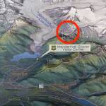 U.S. Forest Service
A large illustrated map by Eric Knight on display in Mendenhall Glacier Visitor Center provides an orientation view of Suicide Basins location (red circle). The basin is beneath lettering Bullard Mountain and east of Mendenhall Glacier.