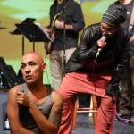 Rio Alberto and Salissa Thole interact during a rehearsal Tuesday evening of Hedwig and The Angry Inch which debuts at Perseverance Theatre on Sept. 15. (Clarise Larson / Juneau Empire)