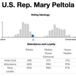A chart shows U.S. Rep. Mary Peltolas voting ideology, attendance and party loyalty as a Democrat for the current session of Congress. (Data from Voteview)
