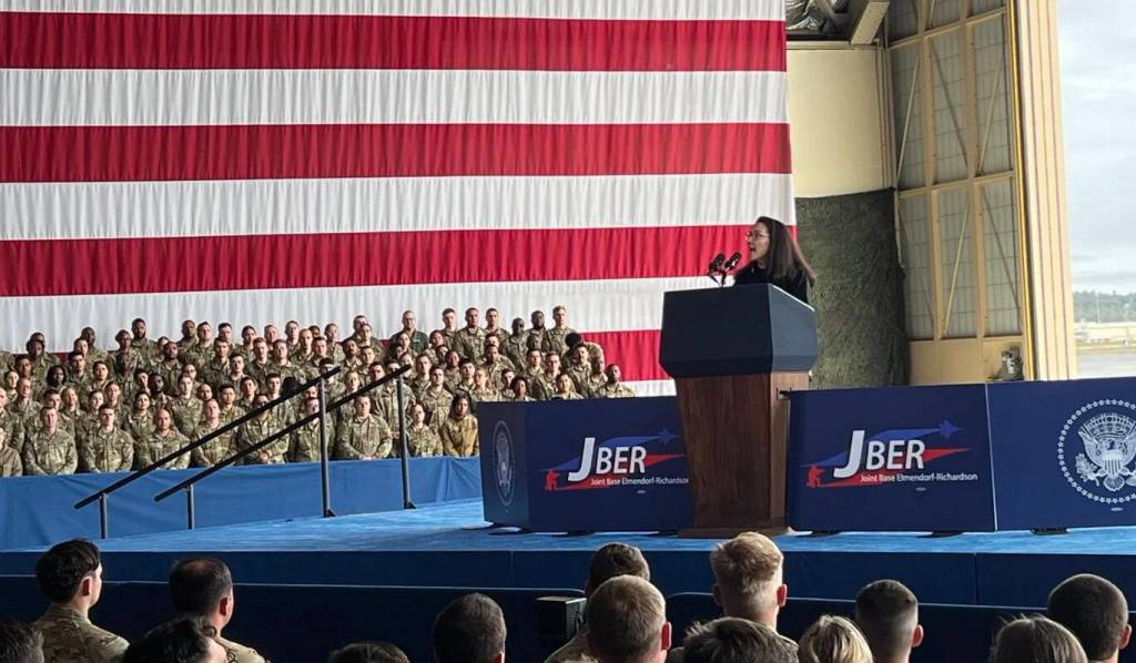 U.S. Rep. Mary Peltola, D-Alaska, addresses soldiers during a Sept. 11 memorial ceremony Monday at Joint Base Elmendorf-Richardson in Anchorage, before President Joe Bidens speech marking the 22nd anniversary of the terrorist attacks. (Official photo from Rep. Mary Peltolas office)