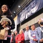 Rep. Mary Peltola, D-Alaska, acknowledges audience members singing a song of prayer for her at the Alaska Federation of Natives conference in Anchorage on Oct. 20, 2022. (AP Photo/Mark Thiessen, File)