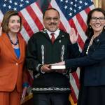 Speaker of the House Nancy Pelosi of Calif., left, administers the House oath of office to Rep. Mary Peltola, D-Alaska, standing next to her husband Eugene Buzzy Peltola Jr., center, during a ceremonial swearing-in on Capitol Hill in Washington, Tuesday, Sept. 13, 2022. Peltolas husband Eugene died in an airplane crash in Western Alaska on Sept. 13, 2023. (AP Photo/Jose Luis Magana, File)