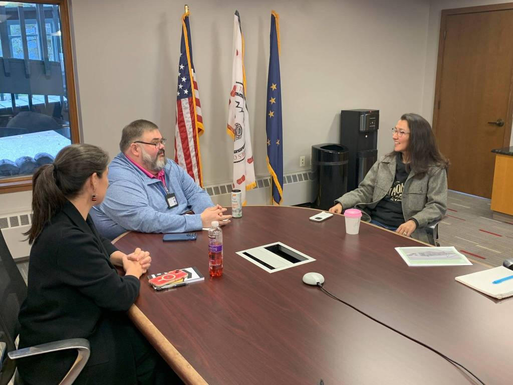 U.S. Rep. Mary Peltola (right), D-Alaska, meets with Central Council of the Tlingit and Haida Indian Tribes of Alaska President Richard Chalyee Éesh Peterson, along with other tribal officials, on Sept. 8 during a visit to Juneau. (Photo courtesy of Tlingit and Haida)