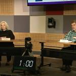 Britteny Cioni-Haywood and David Noon discuss local education issues during the Board of Education candidates portion of a forum Wednesday night at the KTOO studio. (Screenshot from shared video of forum)