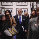 U.S. Sen. Dan Sullivan, R-Alaska, walks down a hallway Tuesday, Feb. 7, 2023, at the Alaska State Capitol. (James Brooks/Alaska Beacon)