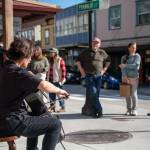 Zuill Bailey, music director of Juneau Jazz and Classics, performs a pop-up cello concert near the food carts at the intersection of Franklin and Front streets during the spring 2022 festival. (Photo courtesy of Juneau Jazz and Classics)