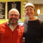 Former Coppa Cafe co-owner Marc Wheeler and current owner Maddie Kombrink smile for a picture at the downtown cafe Wednesday morning. Last week the cafe celebrated its 10-year anniversary in Juneau. (Clarise Larson / Juneau Empire)