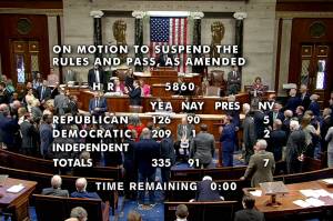 This image from House Television shows Rep. Steve Womack, R-Ark., the Speaker Pro Tempore, presiding as the House passes a 45-day funding bill on Saturday at the Capitol in Washington. The House vote was 335-91. The measure now goes to the Senate, which also is meeting Saturday. (House Television via AP)