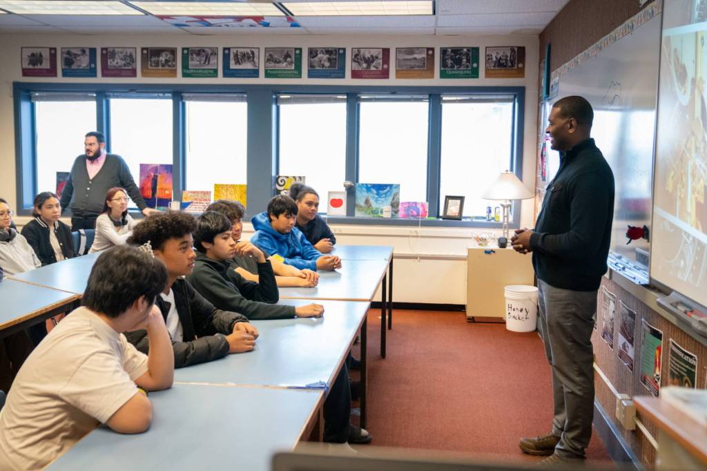 Michael Regan, administrator of the Environmental Protection Agency, speaks with students at Barrow High School on Aug. 30, 2023. (Photo provided by Environmental Protection Agency)