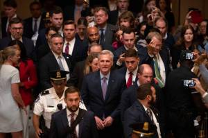 Rep. Kevin McCarthy, R-Calif., leaves the House floor after being ousted as Speaker of the House at the Capitol in Washington, D.C., on Tuesday. (AP Photo/Mark Schiefelbein)