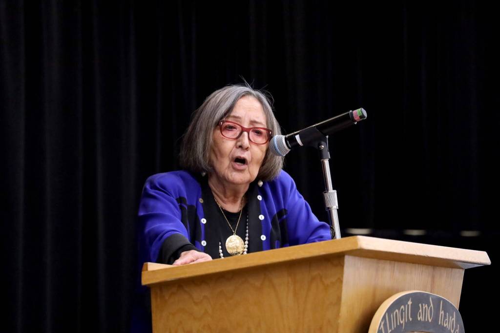 Sealaska Heritage President Rosita Worl speaks to the crowd on stage during a healing event on Indigenous Peoples Day on Monday to acknowledge and accept an apology of the closure of Juneaus Memorial Presbyterian Church in 1962. (Clarise Larson / Juneau Empire)