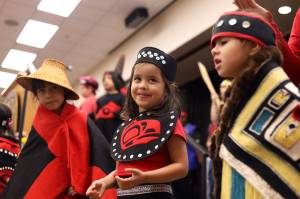 Jolleen LaRue, a student from the Tlingit Culture Language and Literacy program, sings alongside other students during a healing event on Indigenous Peoples Day on Monday to acknowledge and accept an apology of the closure of Juneaus Memorial Presbyterian Church in 1962. (Clarise Larson / Juneau Empire)